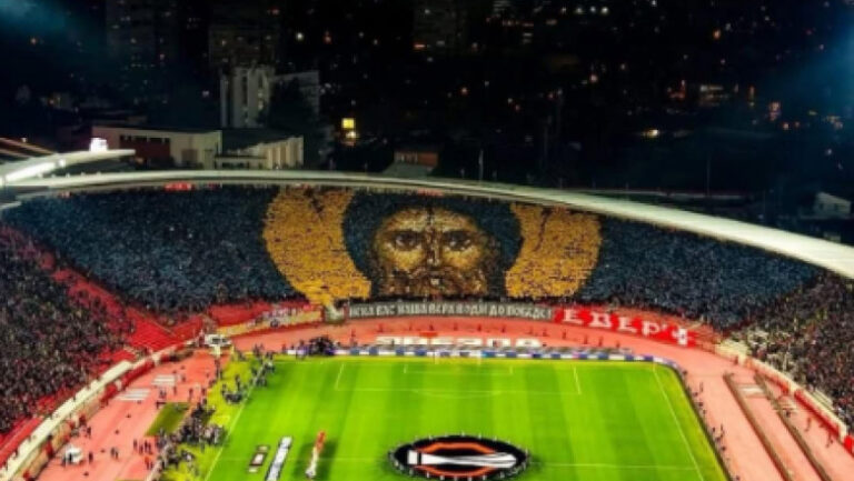clubul-steaua-rosie-belgrad,-amendat-de-uefa-pentru-o-scenografie-care-prezenta-o-icoana-a-lui-iisus