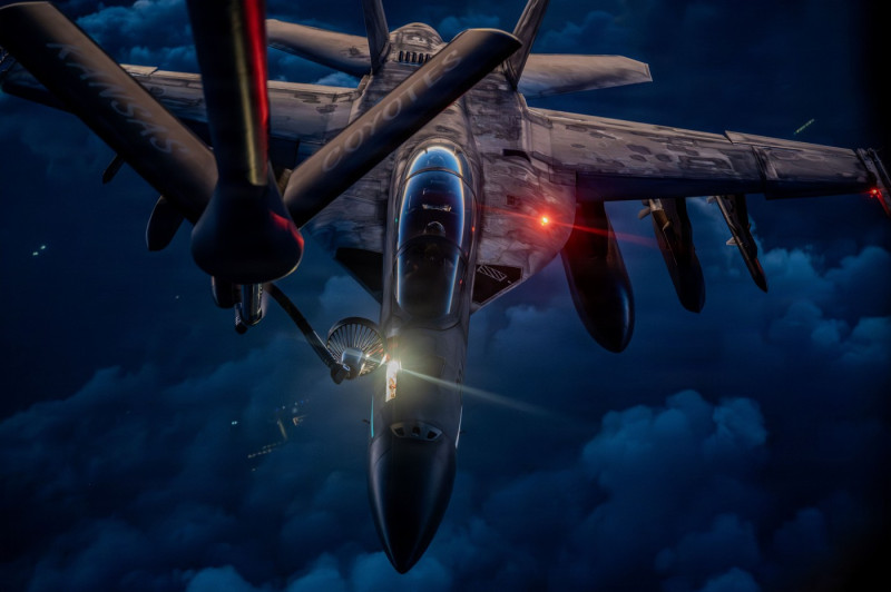 U.S. Navy F/A-18F Super Hornet Fighter Aircraft Refuel During Operation Epic Fury